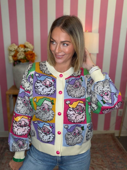 QOS Pastel Colorblock Santa Button Up Cardigan