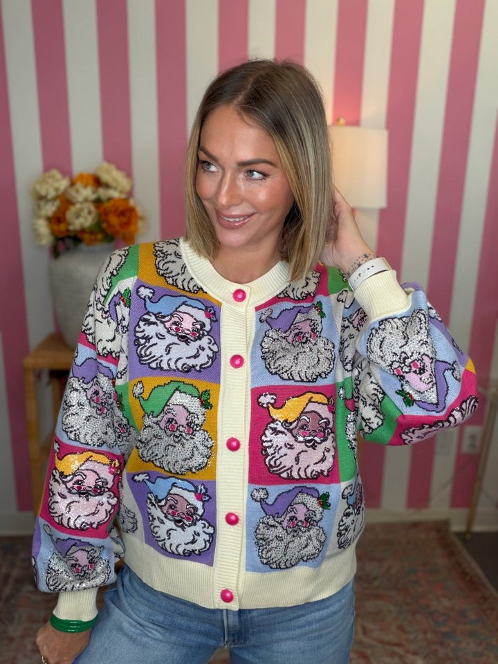 QOS Pastel Colorblock Santa Button Up Cardigan