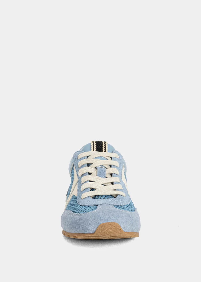 Light blue sneaker with white laces on a white background