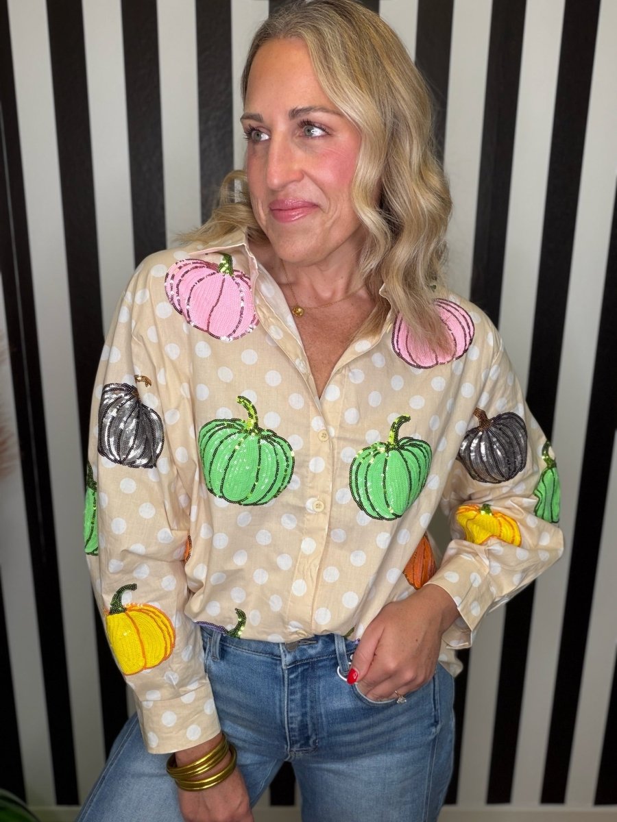 QOS Beige & White Polkadot Multi Pumpkin Cotton Button Up