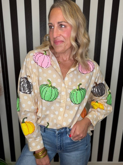QOS Beige & White Polkadot Multi Pumpkin Cotton Button Up