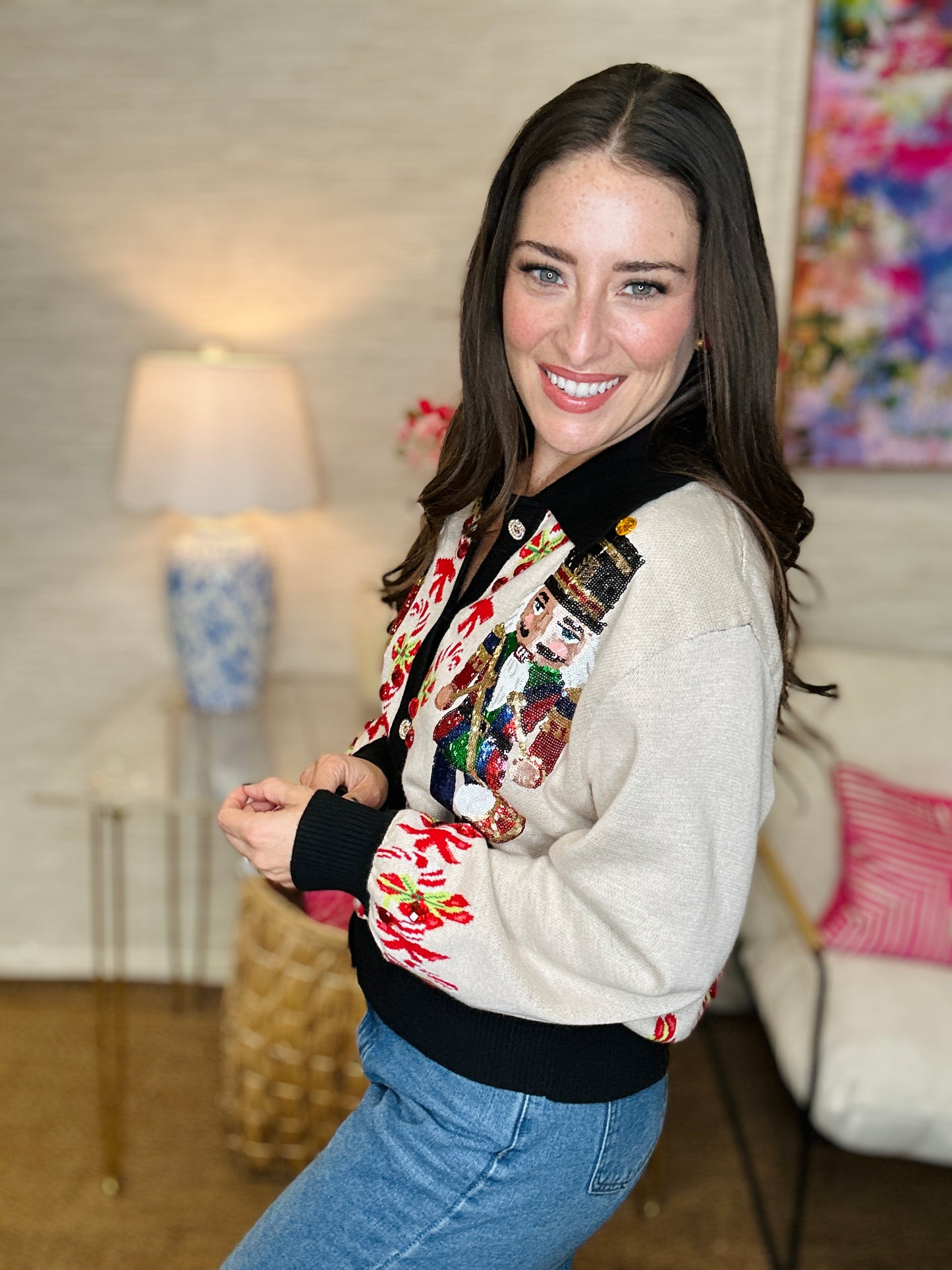 QOS Nutcracker & Candy Cane Cardigan