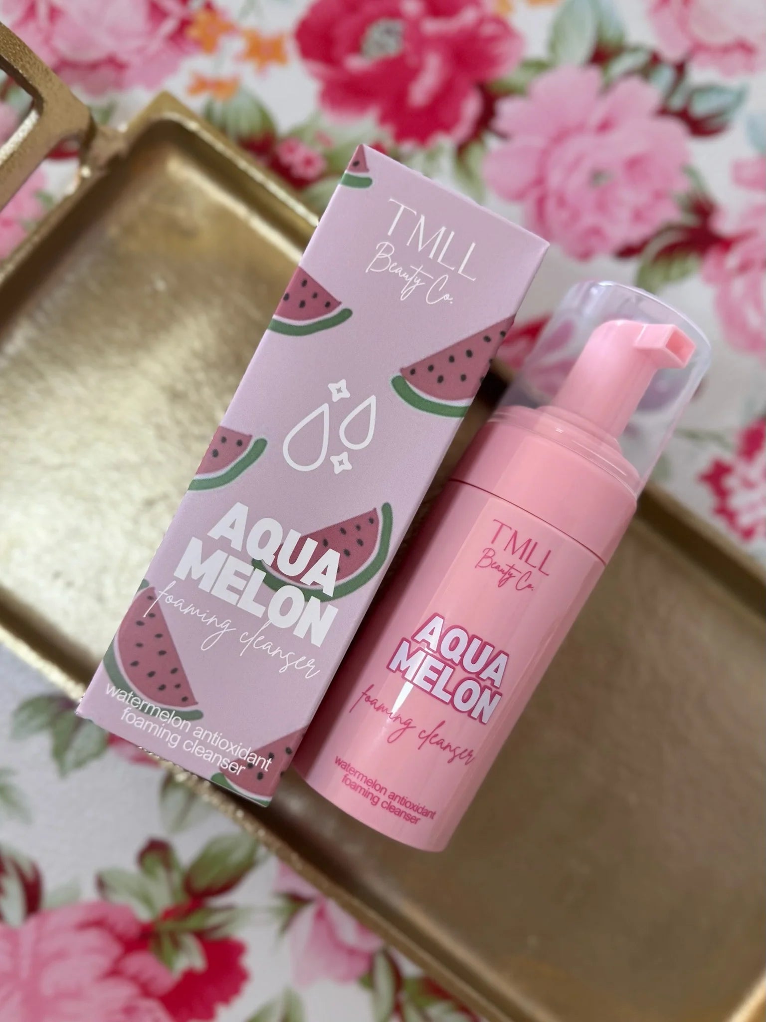 Two 'Aqua Melon' themed products on a floral background