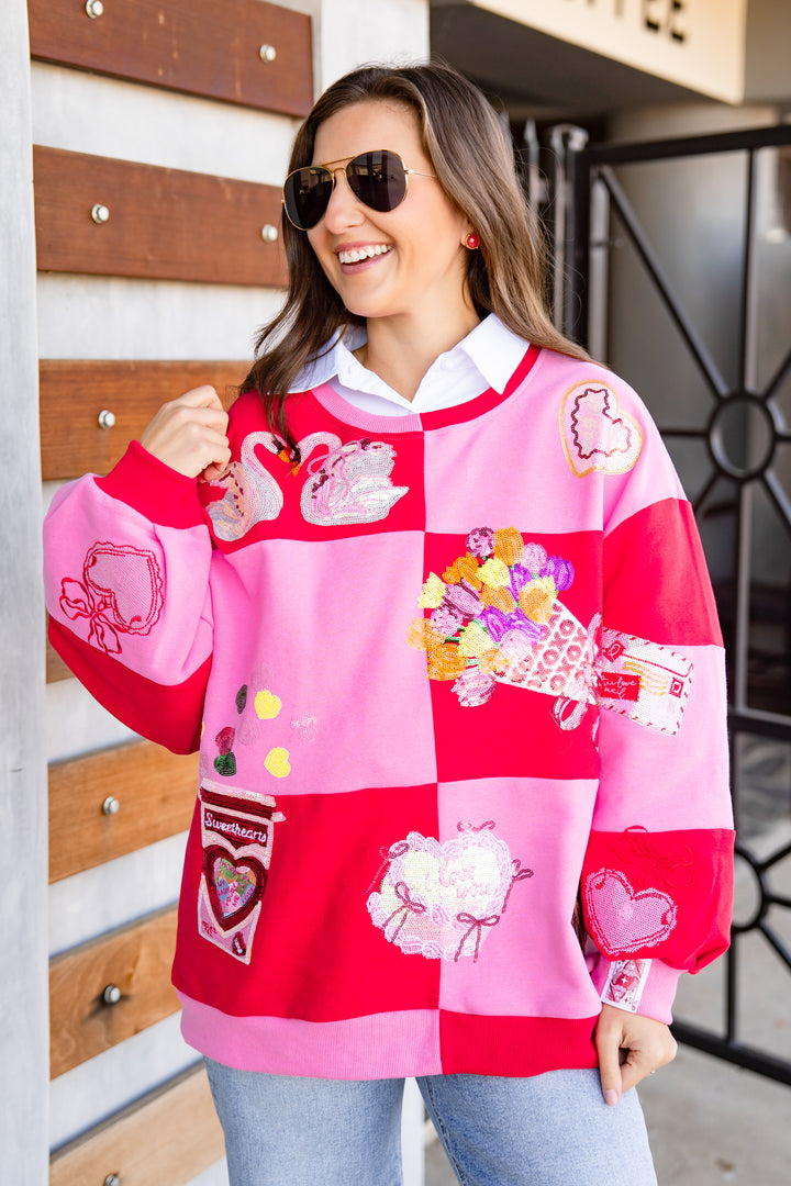 QOS Red & Pink Checkered Valentines Icon Sweatshirt