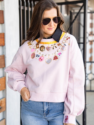 QOS Pale Pink Pearl & Chain VDay Charm Necklace Sweatshirt