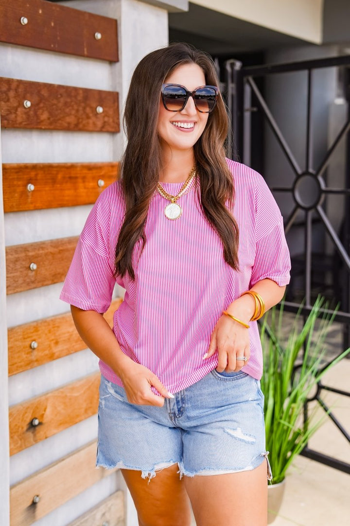 The Buckley Ash Tee in Hot Pink Stripe