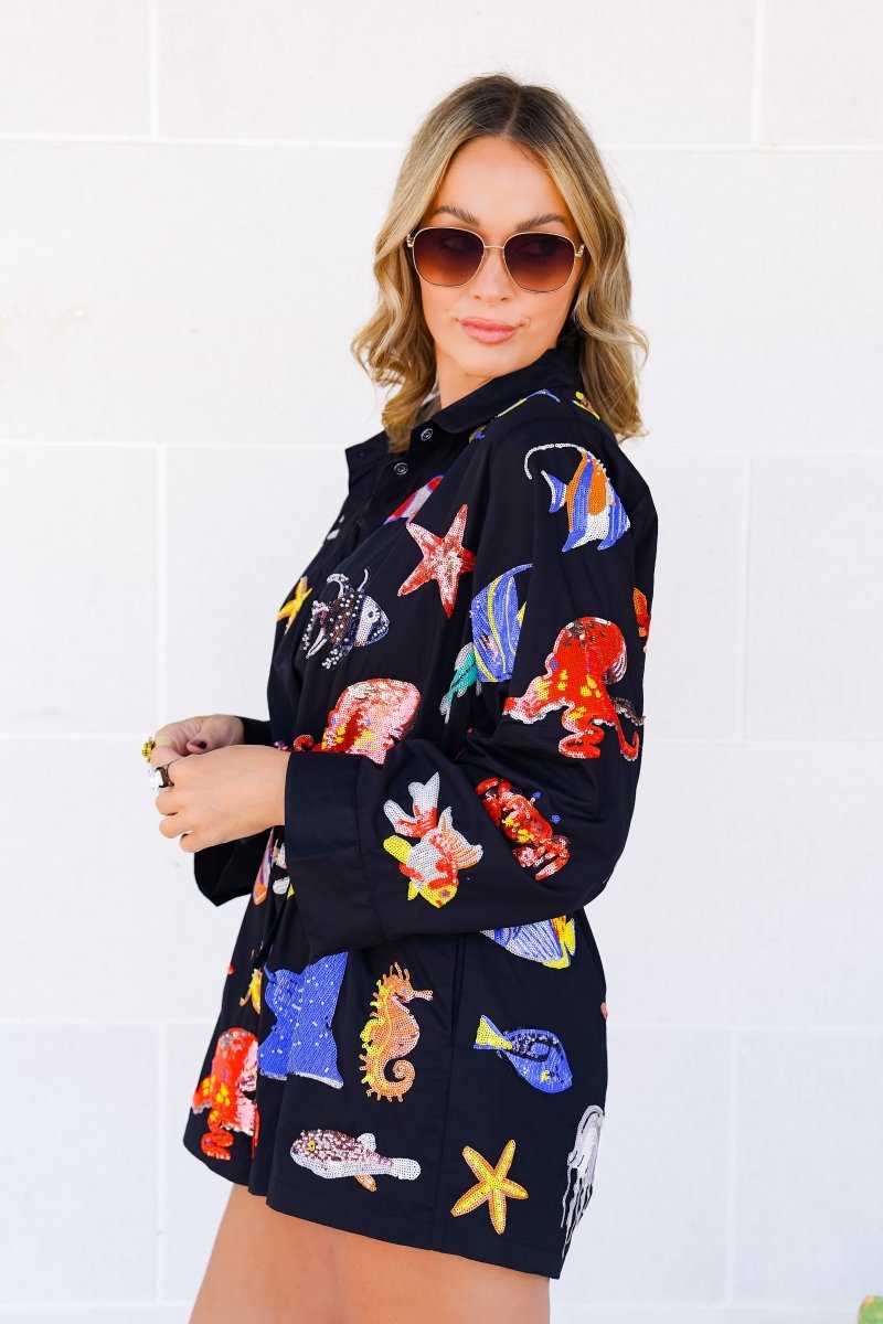 QOS Black Under the Sea Button Romper