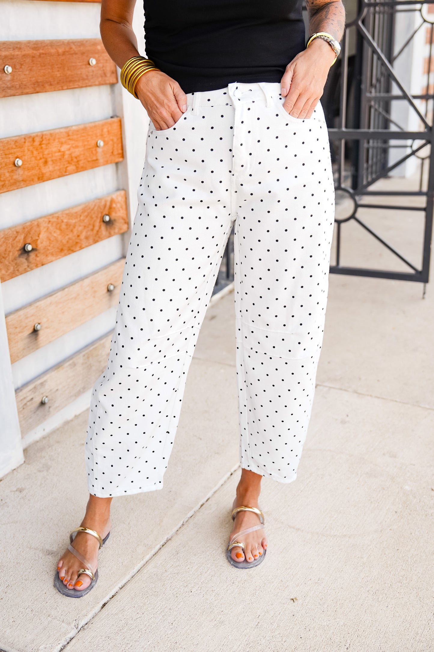 The Buckley Barrel Polkadot Jeans in Black Dot