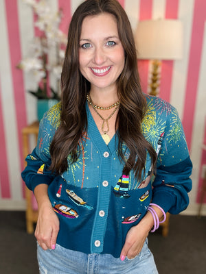 QOS Multi Firework Over Boat Knit Cardigan
