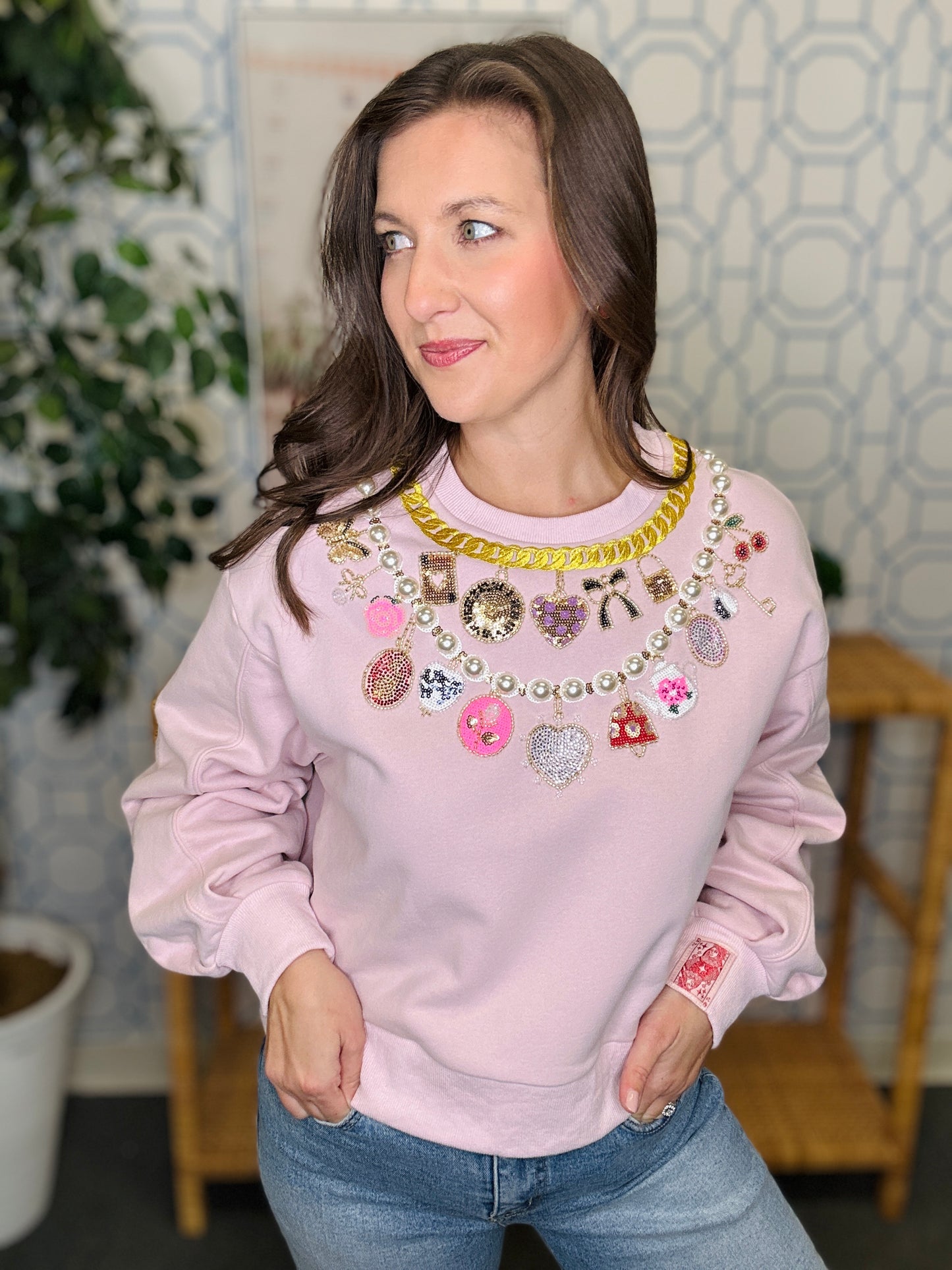 QOS Pale Pink Pearl & Chain VDay Charm Necklace Sweatshirt