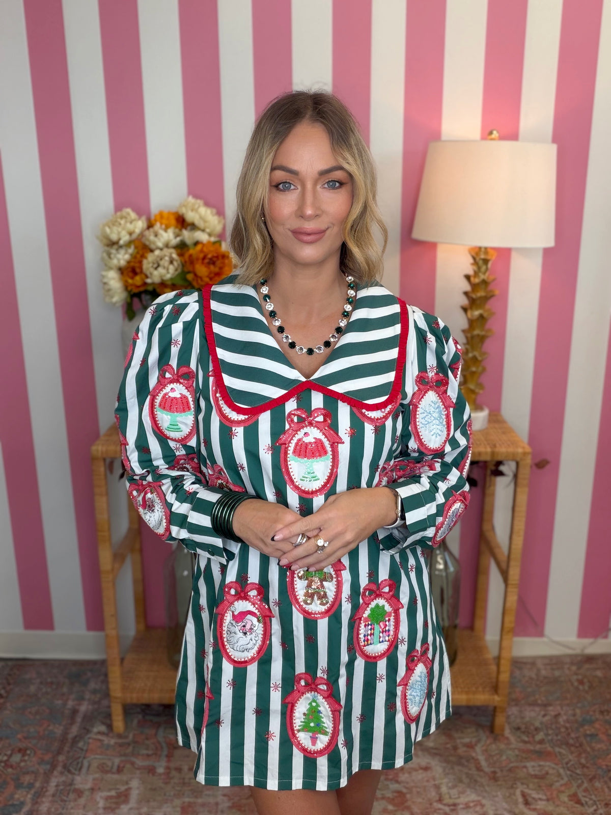 QOS Green Striped Christmas Wallpaper Collar Cotton Dress