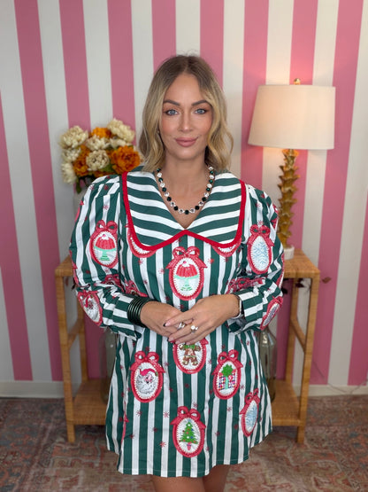 QOS Green Striped Christmas Wallpaper Collar Cotton Dress
