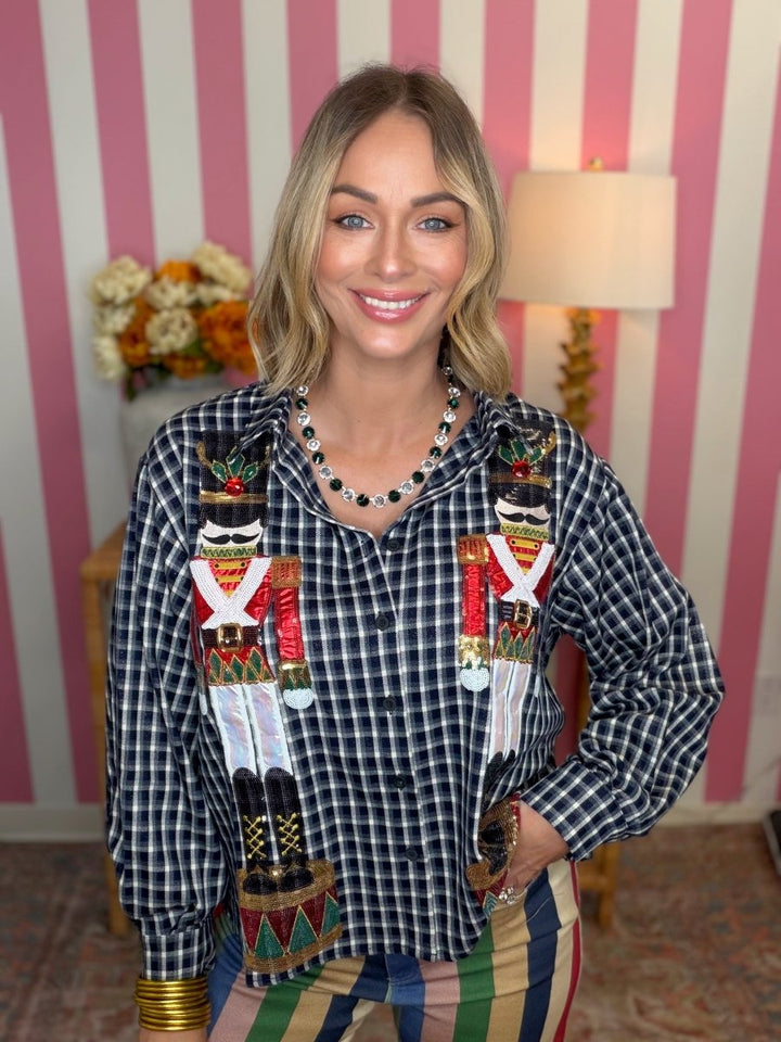 QOS Black & White Plaid Nutcracker Button Up Top