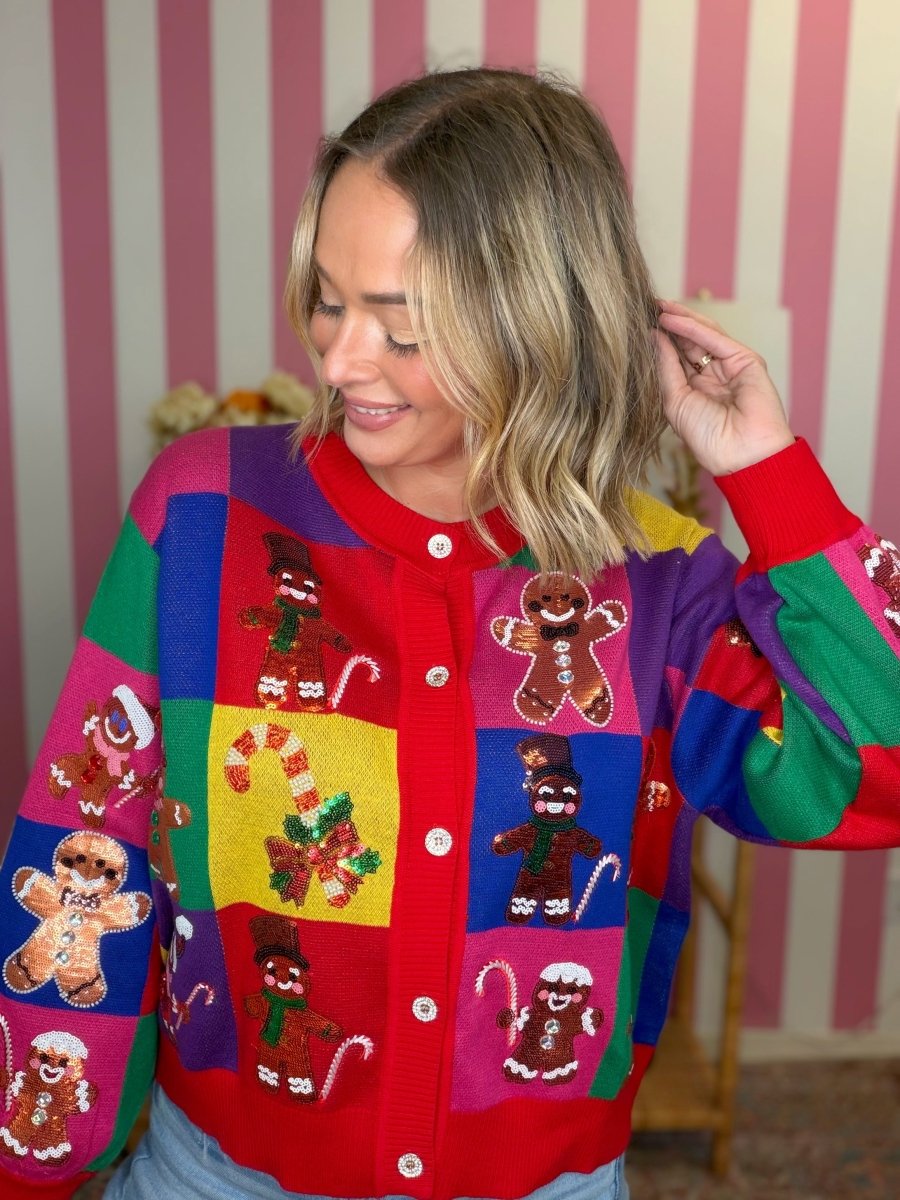 QOS Rainbow Colorblock Gingerbread Man Button Up Cardigan