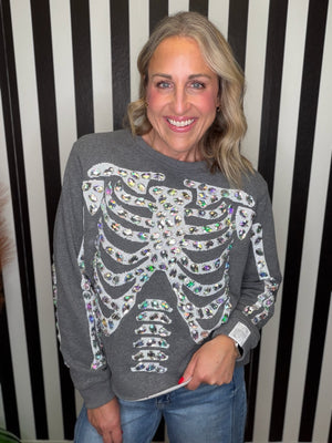 QOS Charcoal Iridescent Jeweled Skeleton Sweatshirt