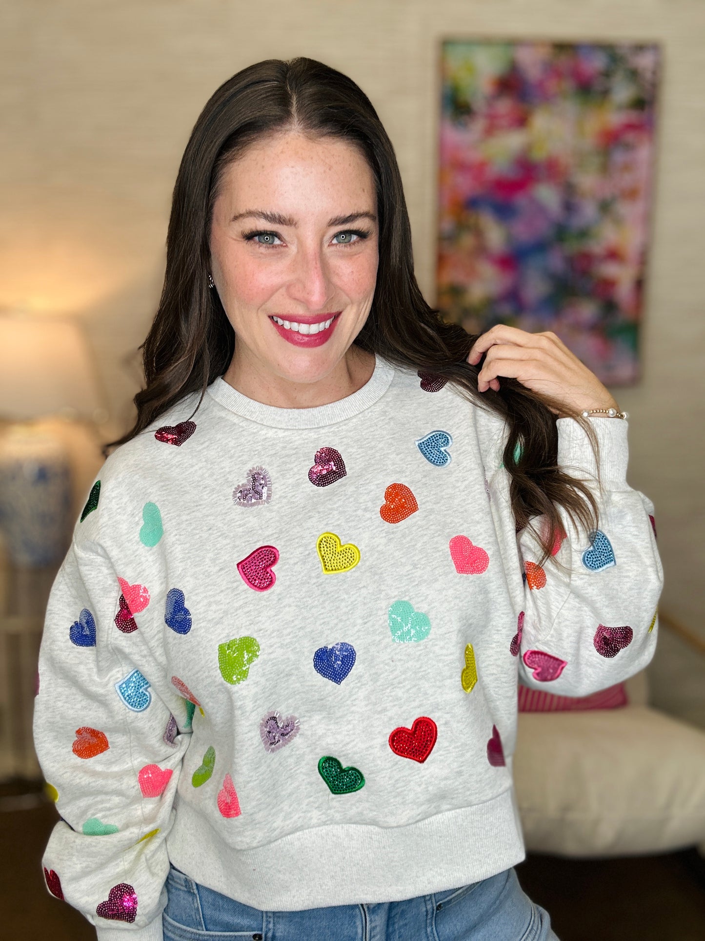 QOS Light Grey Multi Rhinestone Heart Sweatshirt