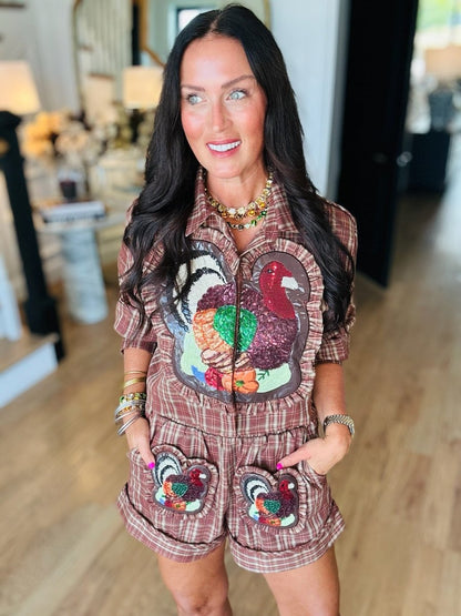 QOS Brown Plaid Turkey Ruffle Patch Pocket Shorts