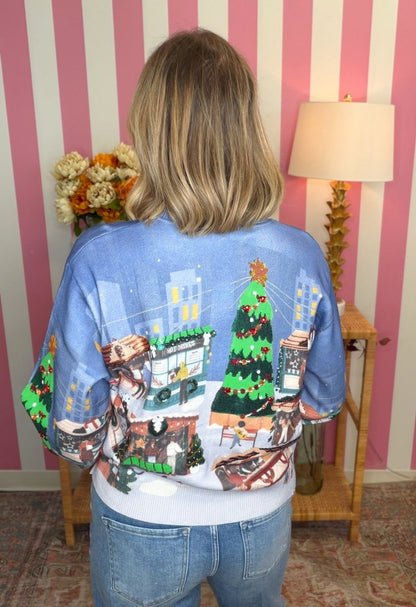 QOS Dark Blue Multi Christmas Market Cardigan