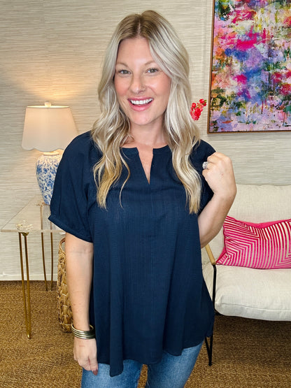The Navy Bubble Sleeve Top