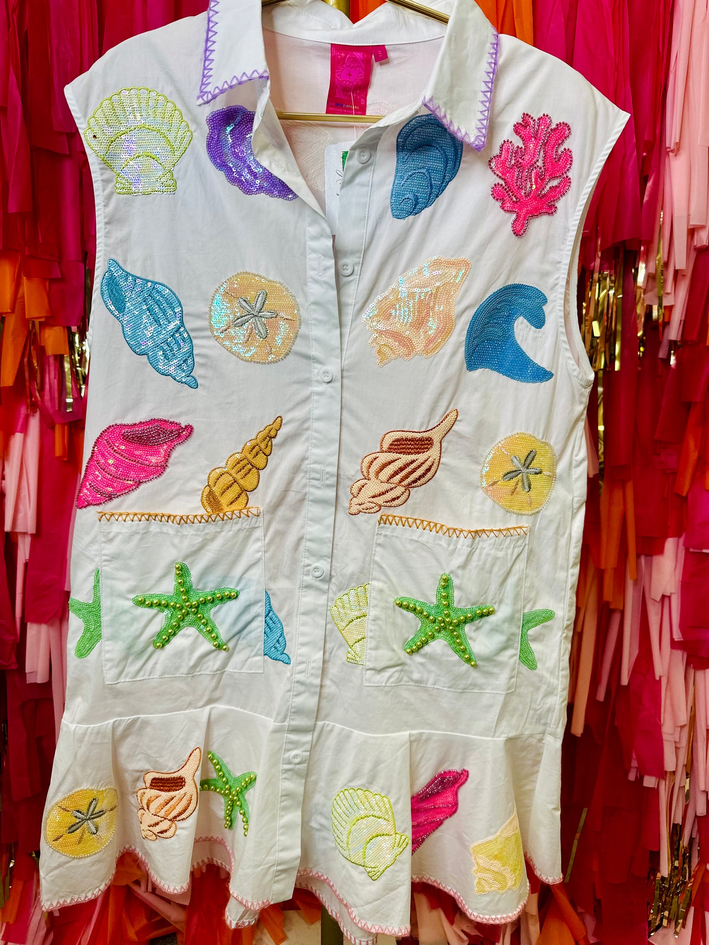QOS White Multi Shell Cotton Button Up Tank Dress
