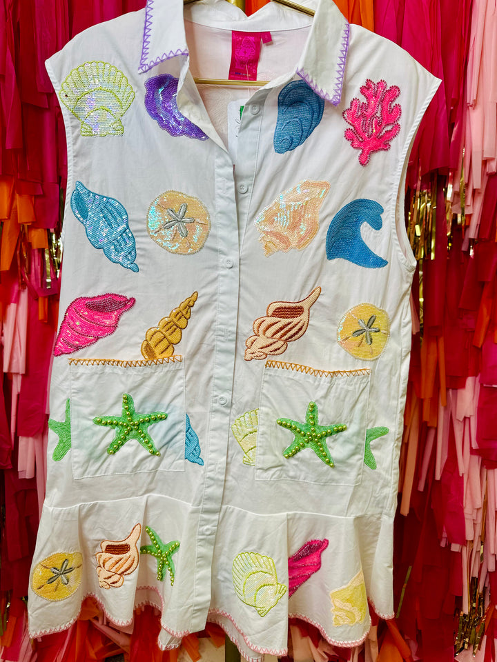 QOS White Multi Shell Cotton Button Up Tank Dress