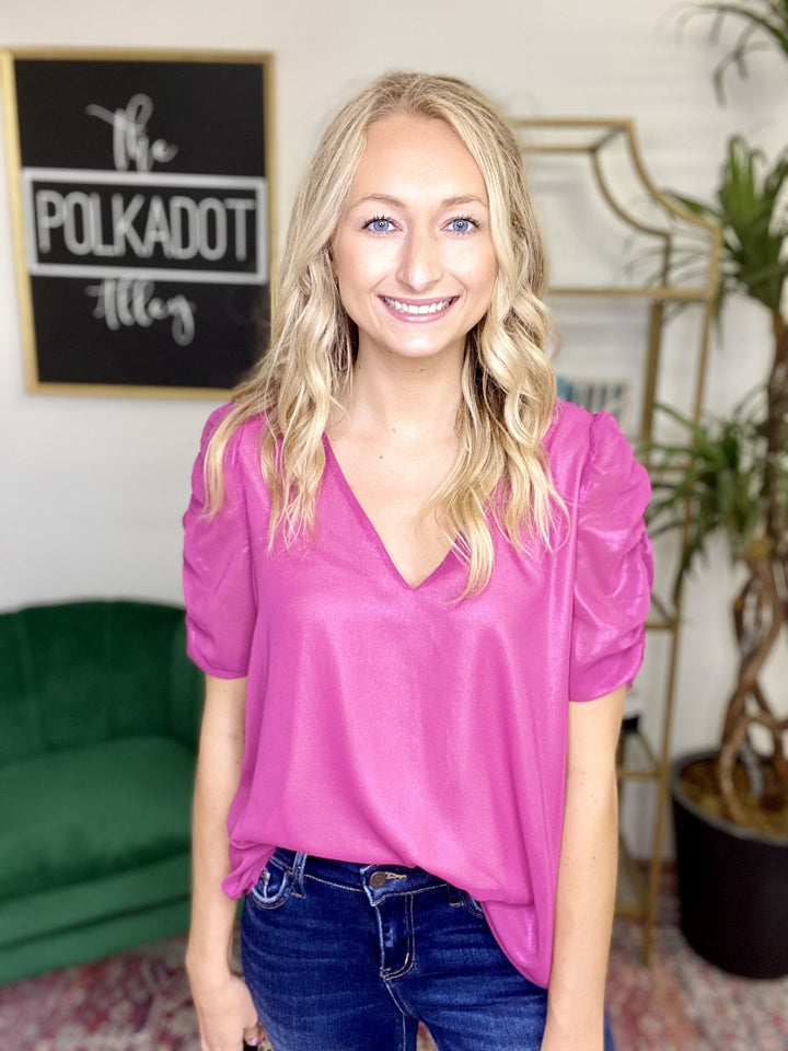 The Magenta Shimmer Ruched Top