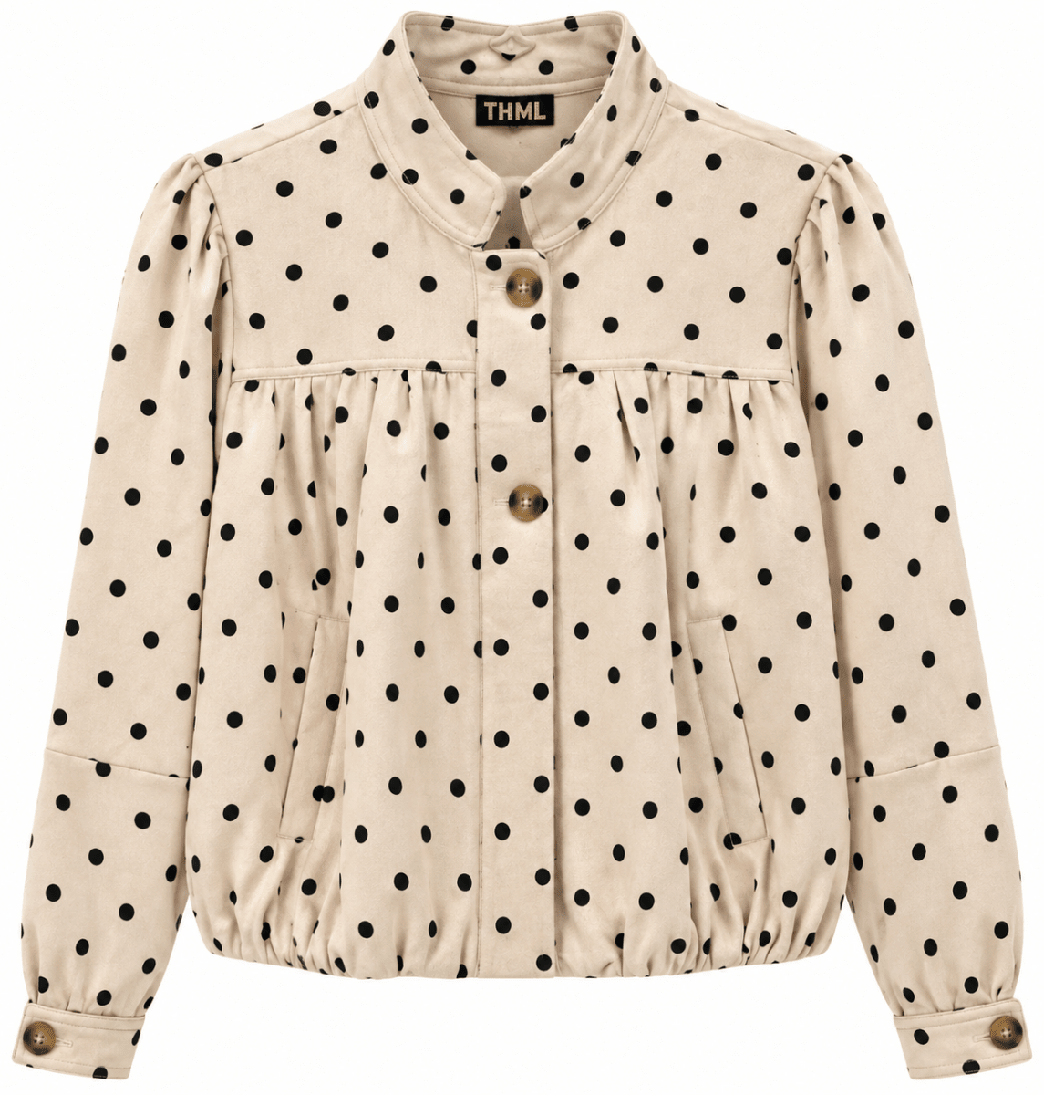 A beige long-sleeve button-up jacket with black polka dots, featuring a high collar, gathered waist, and decorative brown buttons, shown against a plain white background.