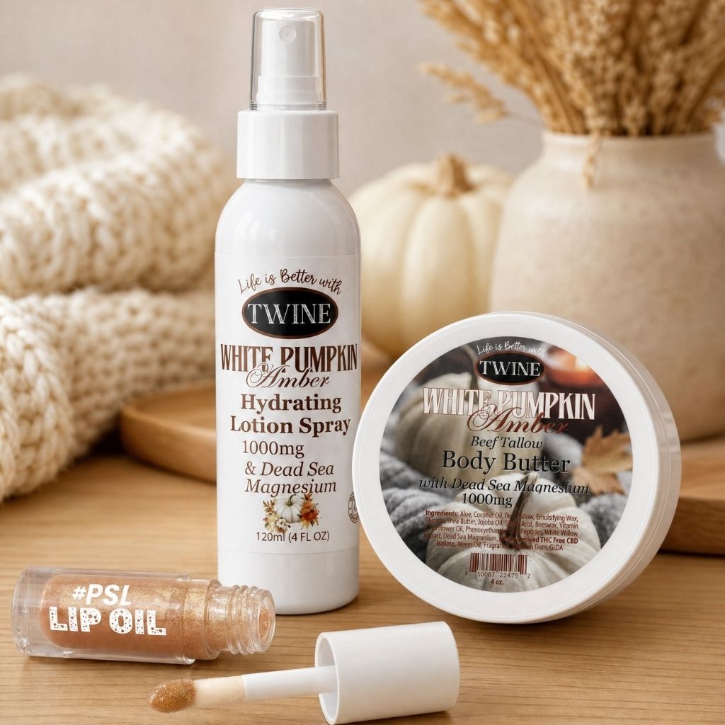 Array FALL BUNDLE - WHITE PUMPKIN AMBER BODY BUTTER AND HYDRATING LOTION SPRAY WITH PUMPKIN SPICED LATTEL LIP OIL