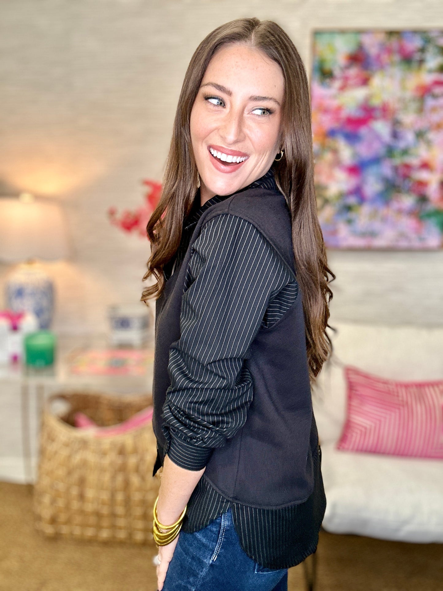 The Black Pinstripe Rowan Top