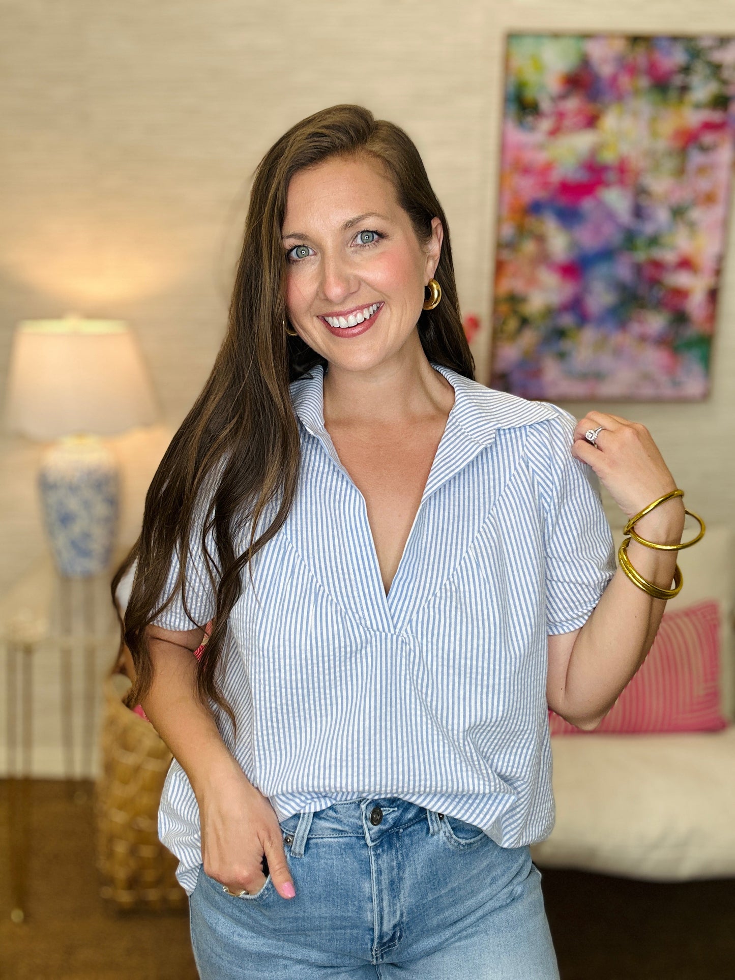 The Camille Top in Sky Seersucker