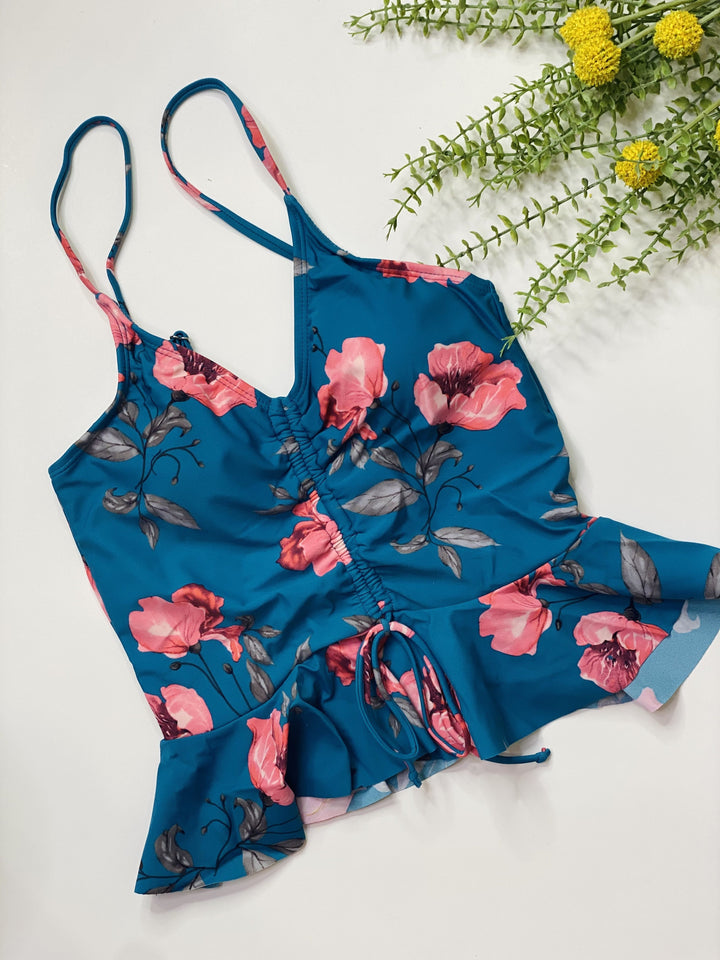 Blue Floral Peplum Swim Top
