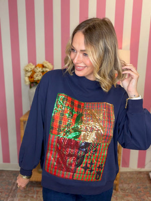 QOS Navy Christmas Plaid Metallic QOS Card Logo Mockneck Sweatshirt