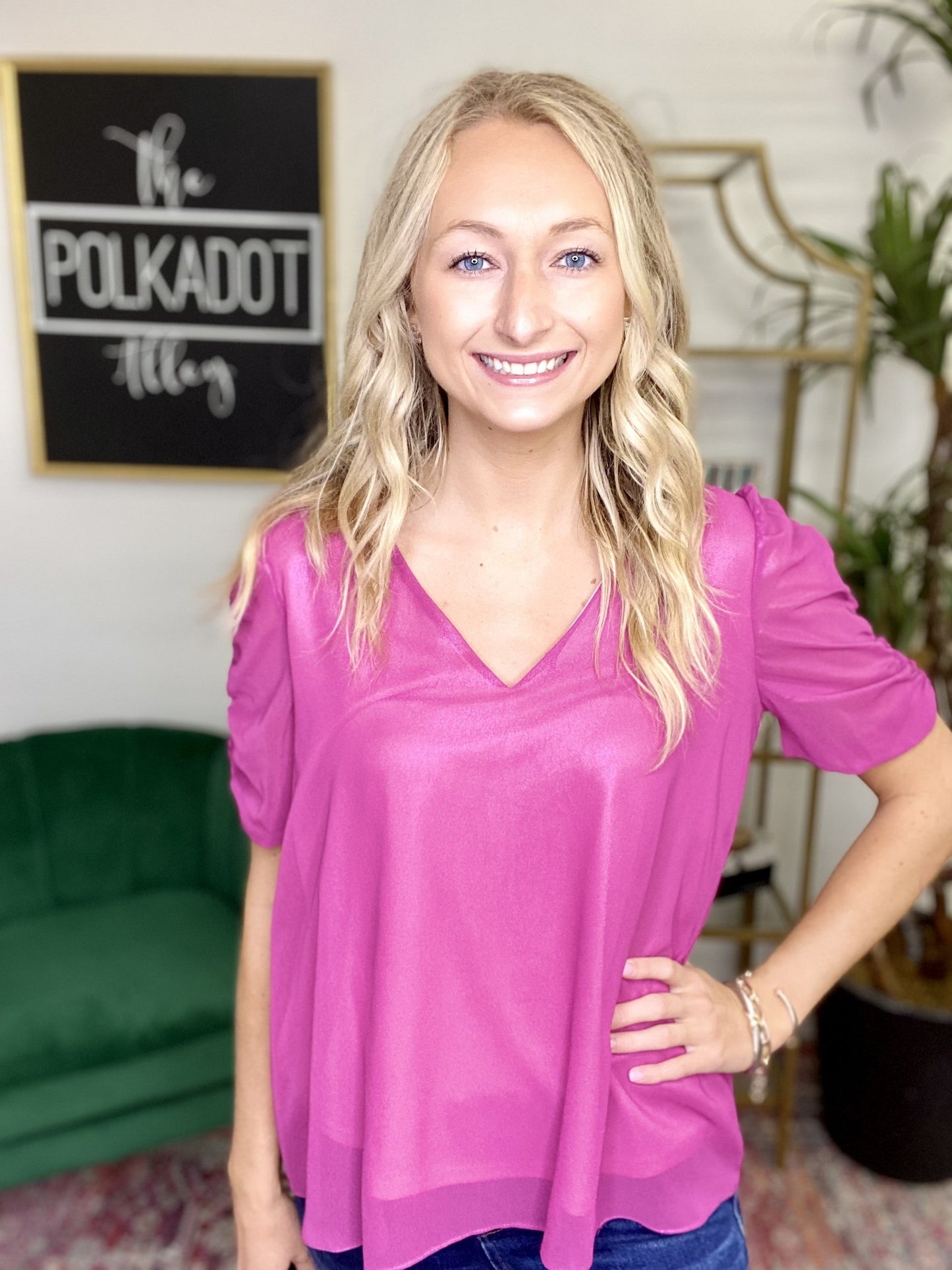 The Magenta Shimmer Ruched Top