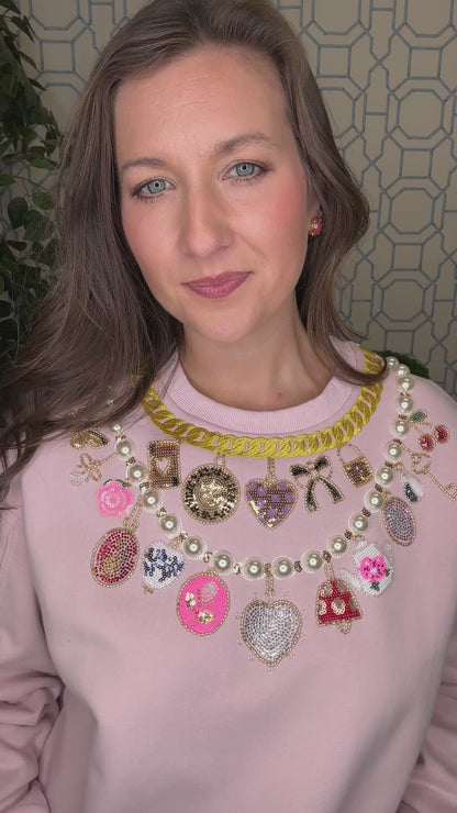 QOS Pale Pink Pearl & Chain VDay Charm Necklace Sweatshirt