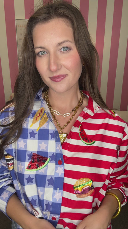 QOS Blue & Red Colorblock USA Food Picnic Cotton Button Up Top
