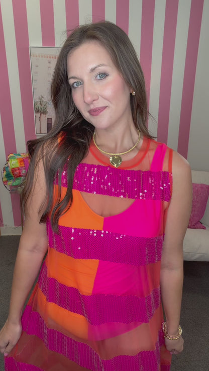 QOS Sheer Orange & Pink Sequin Stripe Coverup Dress
