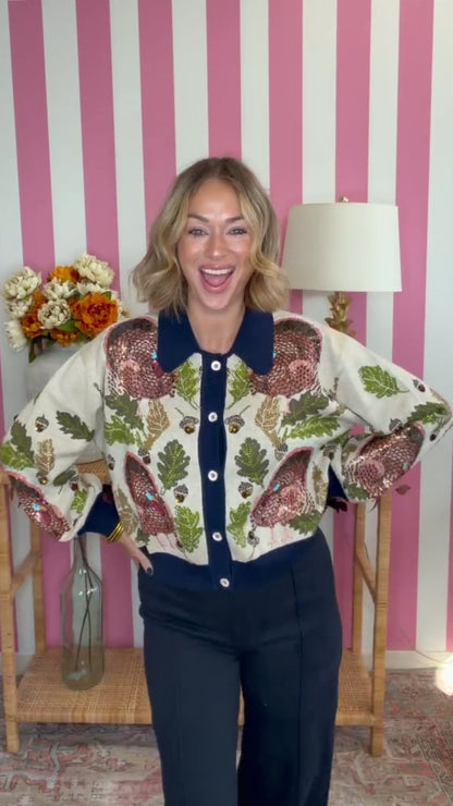 QOS Navy Trim Turkey, Leaf & Acorn Button Up Cardigan