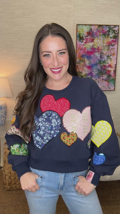 QOS Navy Multi Embroidered Hearts Sweatshirt