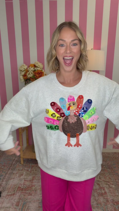 QOS Grey Rainbow Flower Turkey Sweatshirt