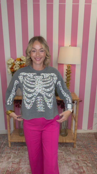 QOS Charcoal Iridescent Jeweled Skeleton Sweatshirt