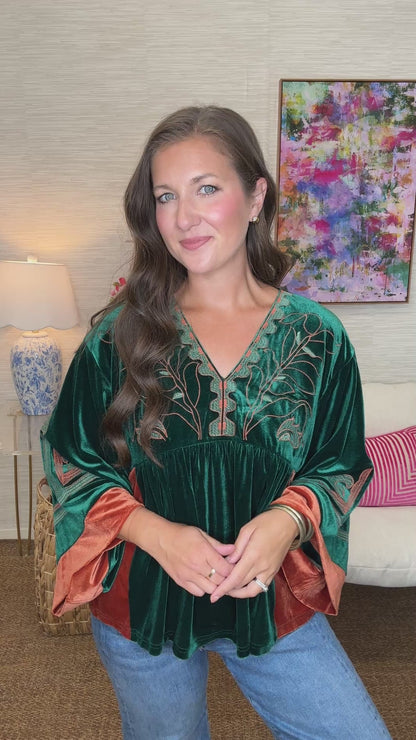 The Velvet Embroidered Top in Hunter Green