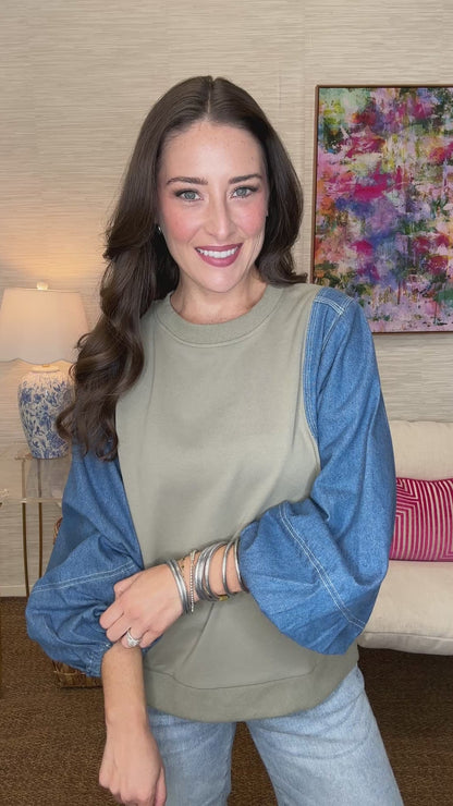 The Denim Sleeves Top in Sage