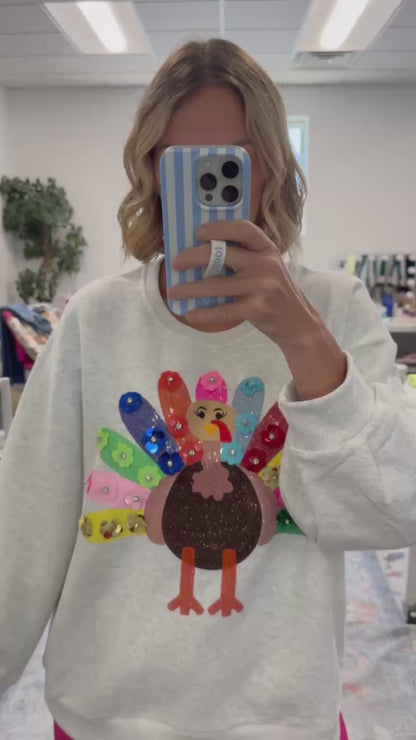 QOS Grey Rainbow Flower Turkey Sweatshirt