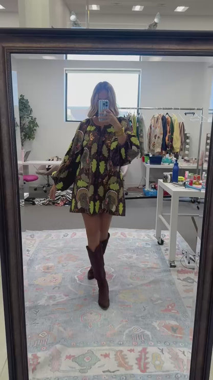 QOS Brown Plaid Turkey & Leaves Button Up Long Sleeve Dress