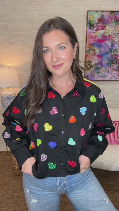 QOS Black Multi Rhinestone Heart Button Up