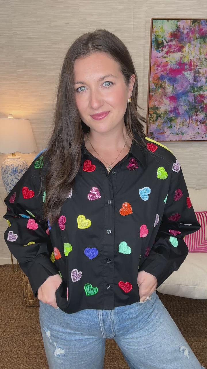 QOS Black Multi Rhinestone Heart Button Up