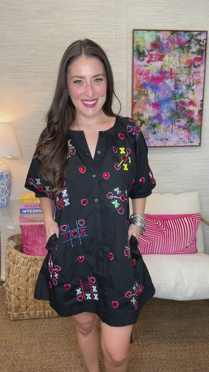 QOS Black XOXO Tic Tac Toe Cotton Button Up Dress