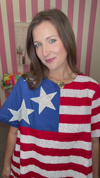 QOS American Flag Short Sleeve Cotton Dress