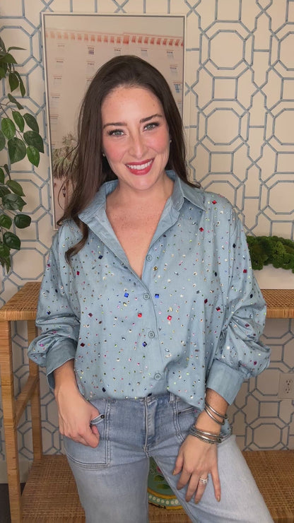 QOS Chambray Multi Rhinestone Button Up