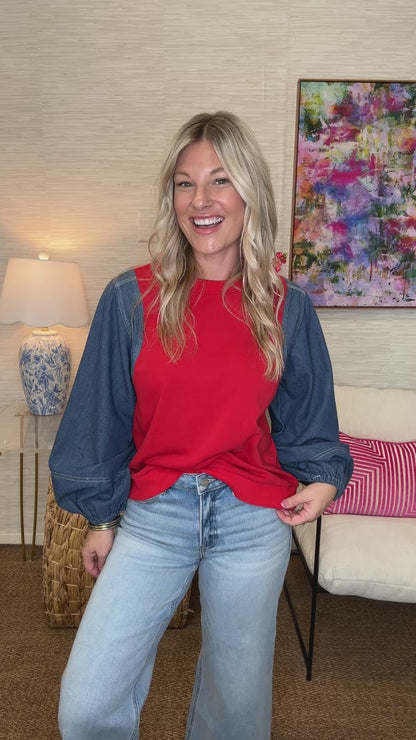 The Denim Sleeves Top in Red